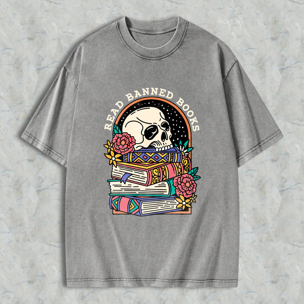 Wardrobecart Skull And Books With Flowers Read Banned Books Unisex Washed T-shirt