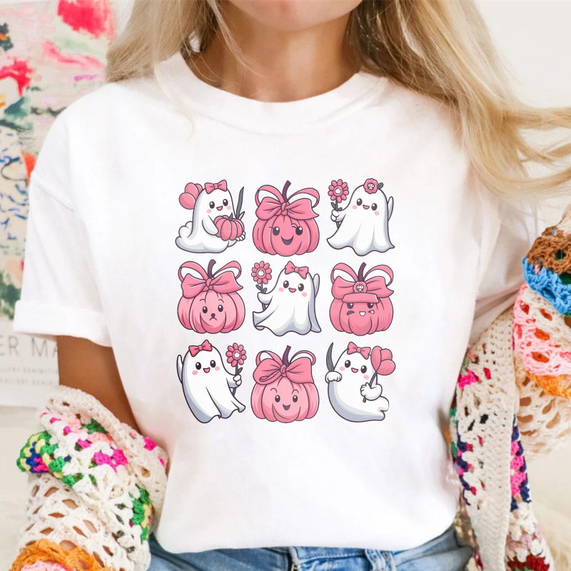 Cute Pink Ghost And Pumpkin Pattern, Unisex Classic T-shirt