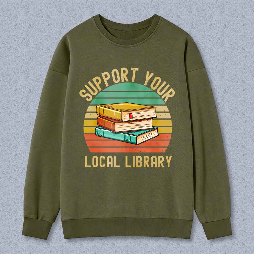 Wardrobecart Support Your Local Library Books Stack Vintage Sunburst Design Unisex Classic Sweatshirt