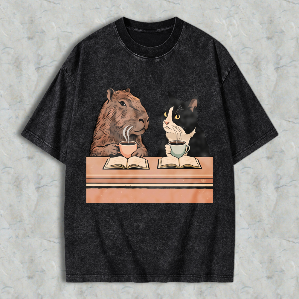 Wardrobecart Capybara And Cat Reading Books With Tea Unisex Washed T-shirt