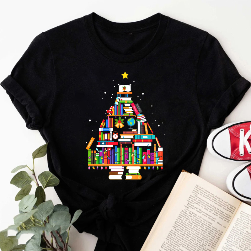 Wardrobecart Books Form Christmas Tree Pattern Tshirt