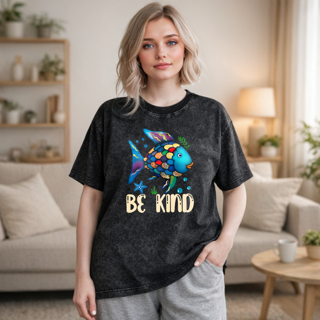 Wardrobecart Colorful Fish With Be Kind Text Unisex Washed T-shirt