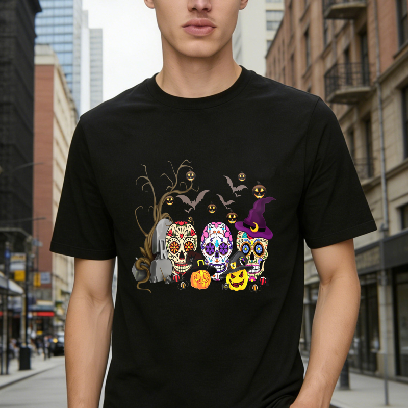 Colorful Sugar Skulls With Witch Hat Pumpkins Bats And Ghosts Halloween Day Of The Dead Unisex Classic T-shirt