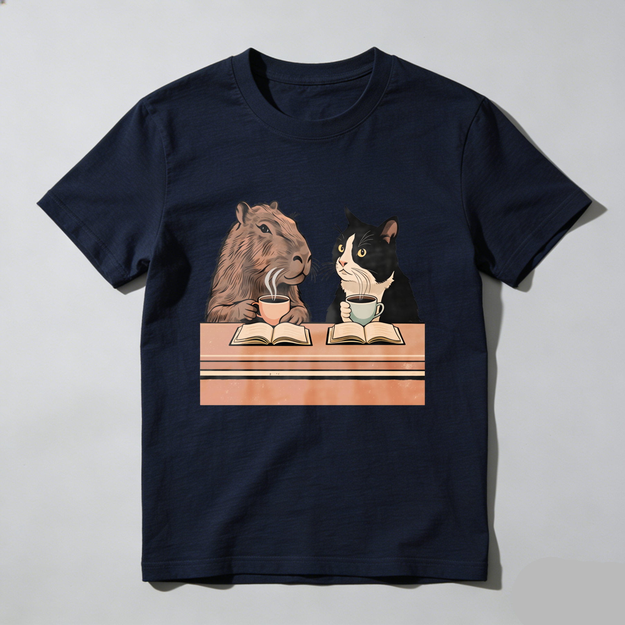 Wardrobecart Capybara And Cat Reading Books With Tea Tshirt