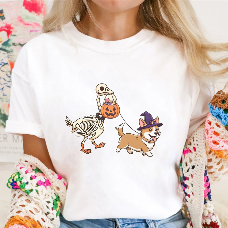 Halloween Corgi In Witch Hat Walking Skeleton Duck With Pumpkin Bucket, Unisex Classic T-shirt
