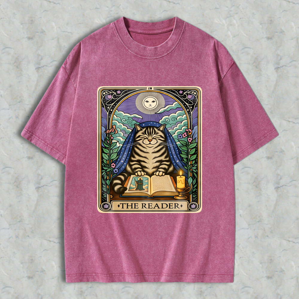 Wardrobecart Cat Reading Book Tarot Card The Reader Unisex Washed T-shirt