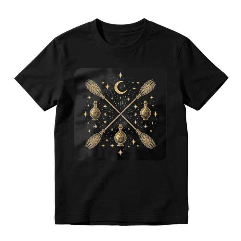 Crossed Brooms And Potion Bottles With Moon And Stars Magic Design, Unisex Classic T-shirt