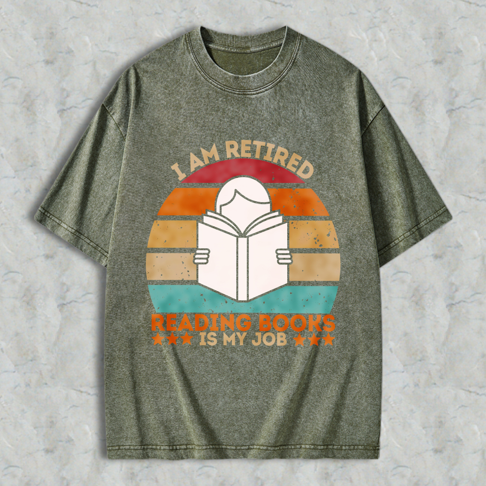 Wardrobecart I Am Retired Reading Books Is My Job Vintage Sunburst Design Unisex Washed T-shirt