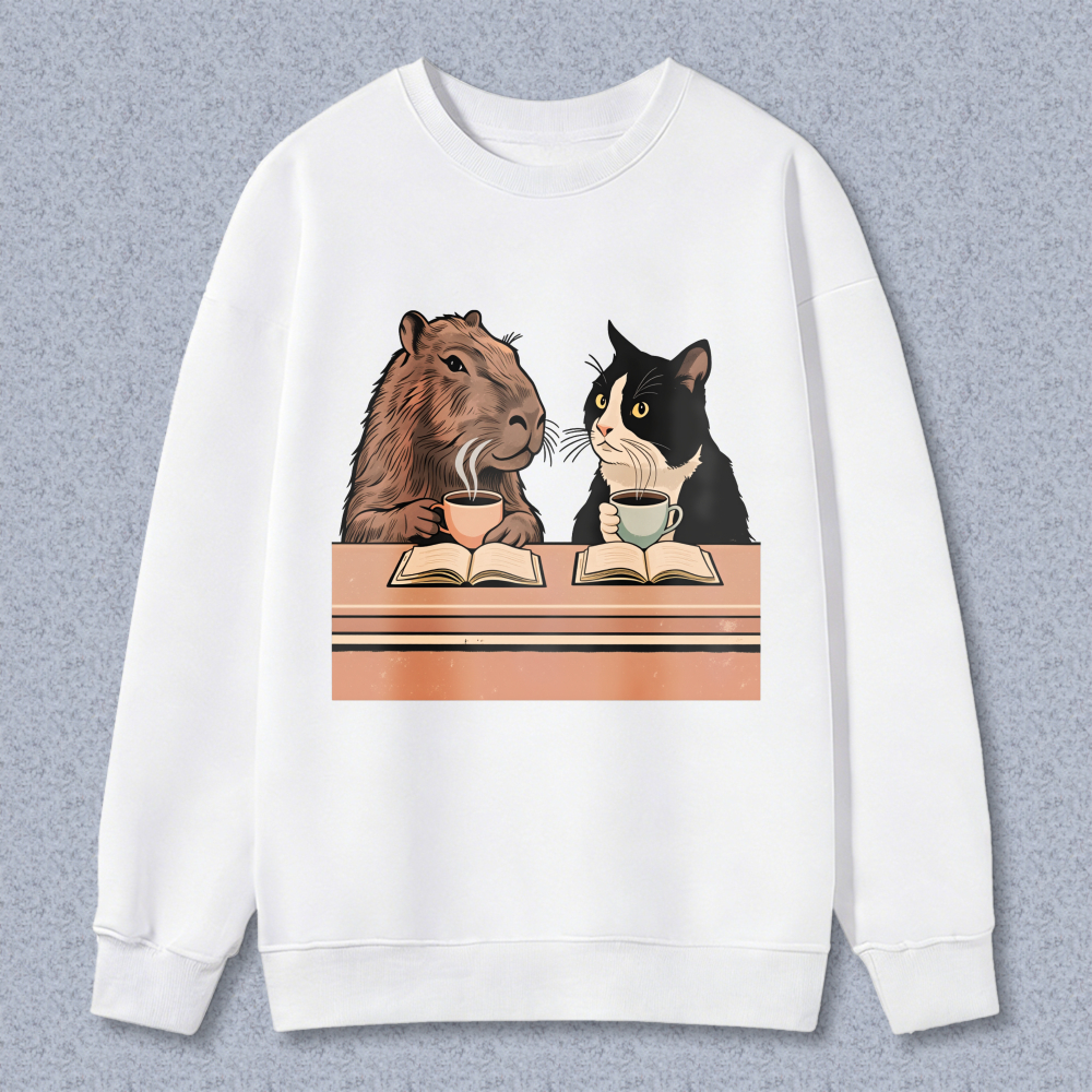 Wardrobecart Capybara And Cat Reading Books With Tea Unisex Classic Sweatshirt