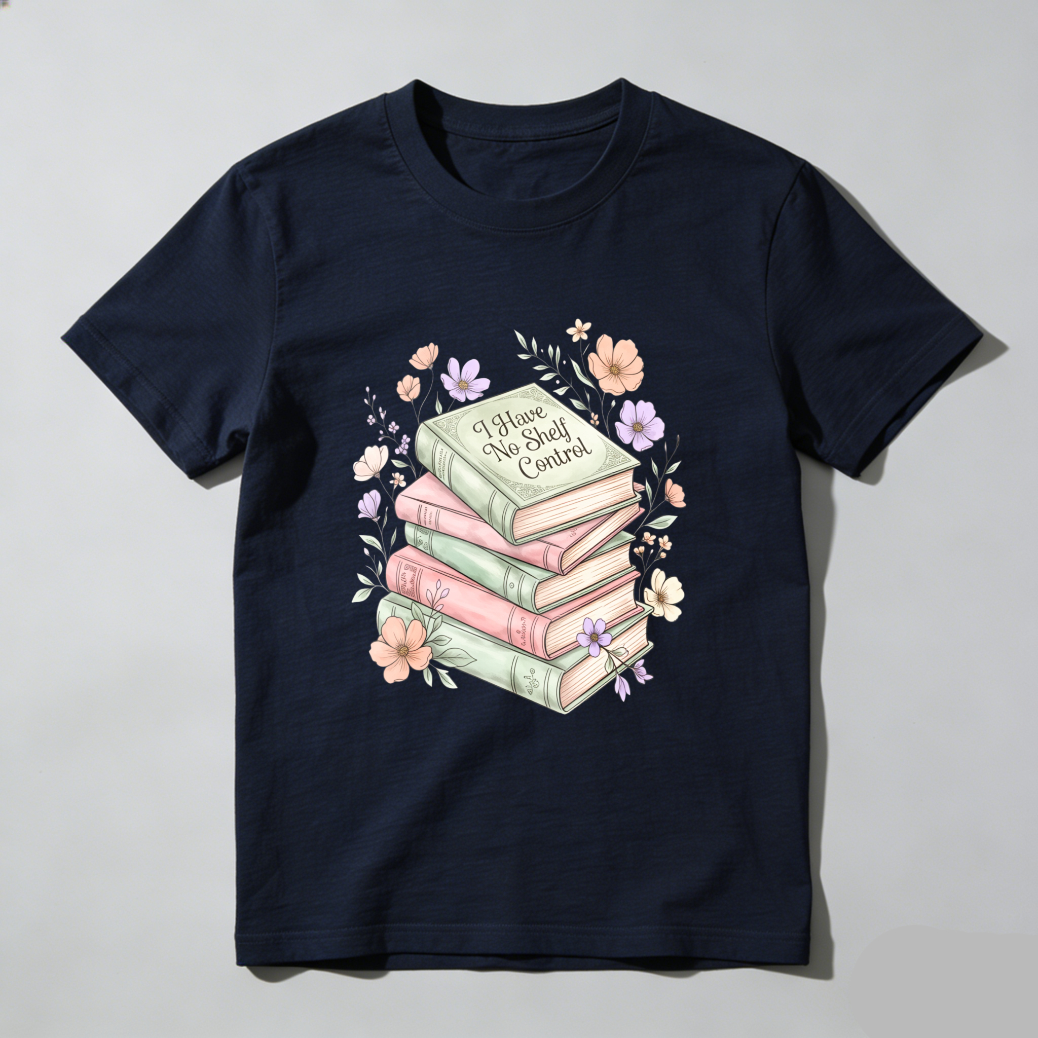 Wardrobecart Stacked Books With Floral Design And I Have No Shelf Control Text Unisex Classic T-shirt