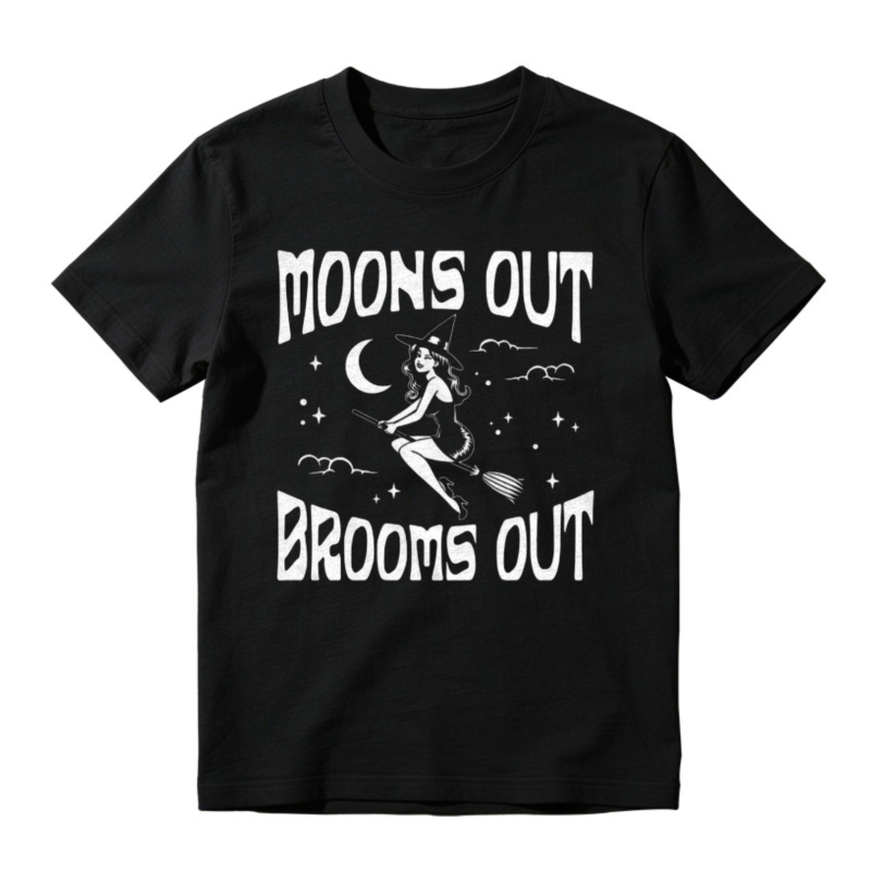 Moons Out Brooms Out Witch Flying On Broomstick Halloween Graphic T-shirt