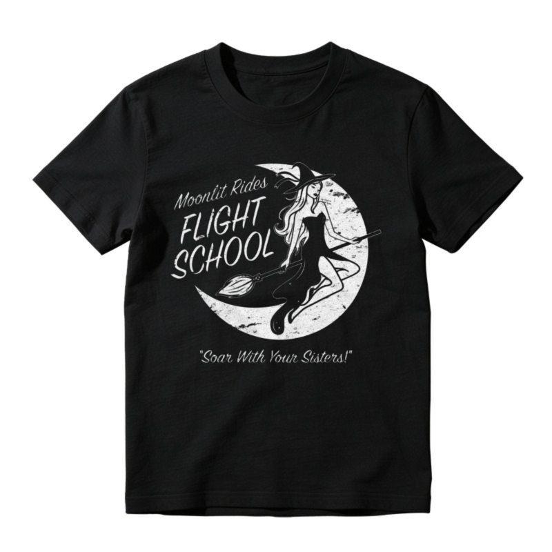 Moonlit Rides Flight School Witch On Broomstick Moon Graphic T-shirt