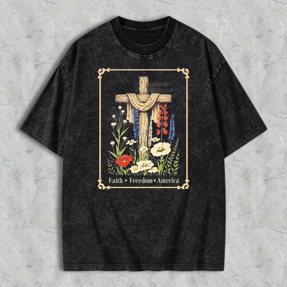 Cross With Flowers And Text Faith Freedom America Washed T-shirt