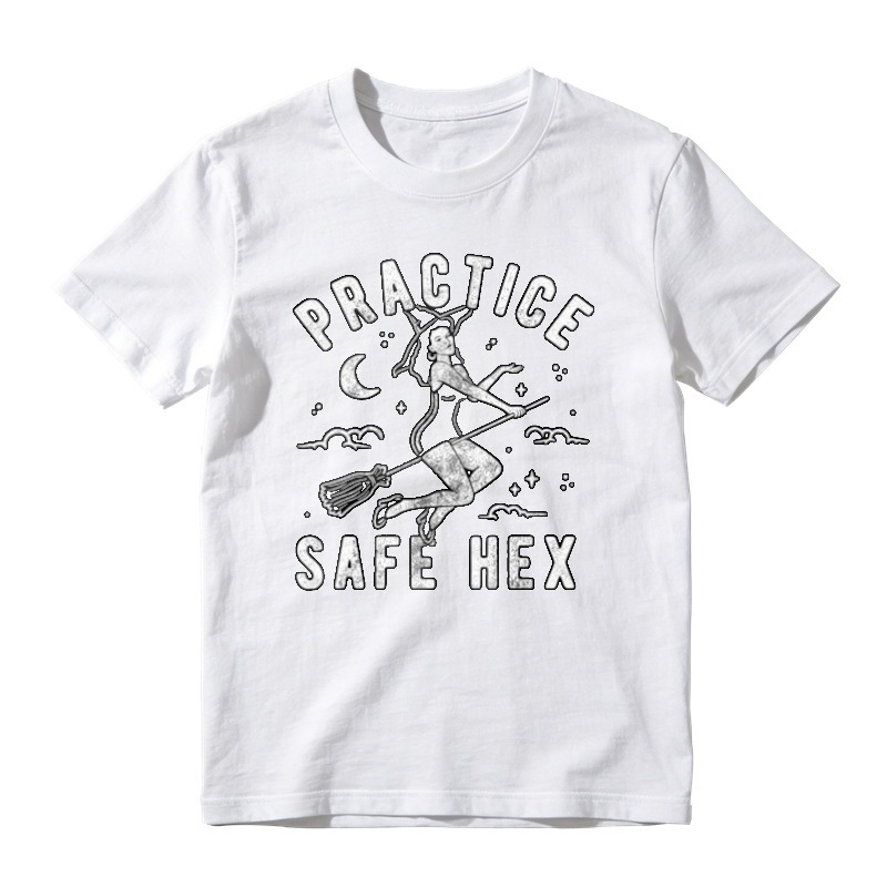 Practice Safe Hex Witch Broomstick Moon Stars Graphic T-shirt