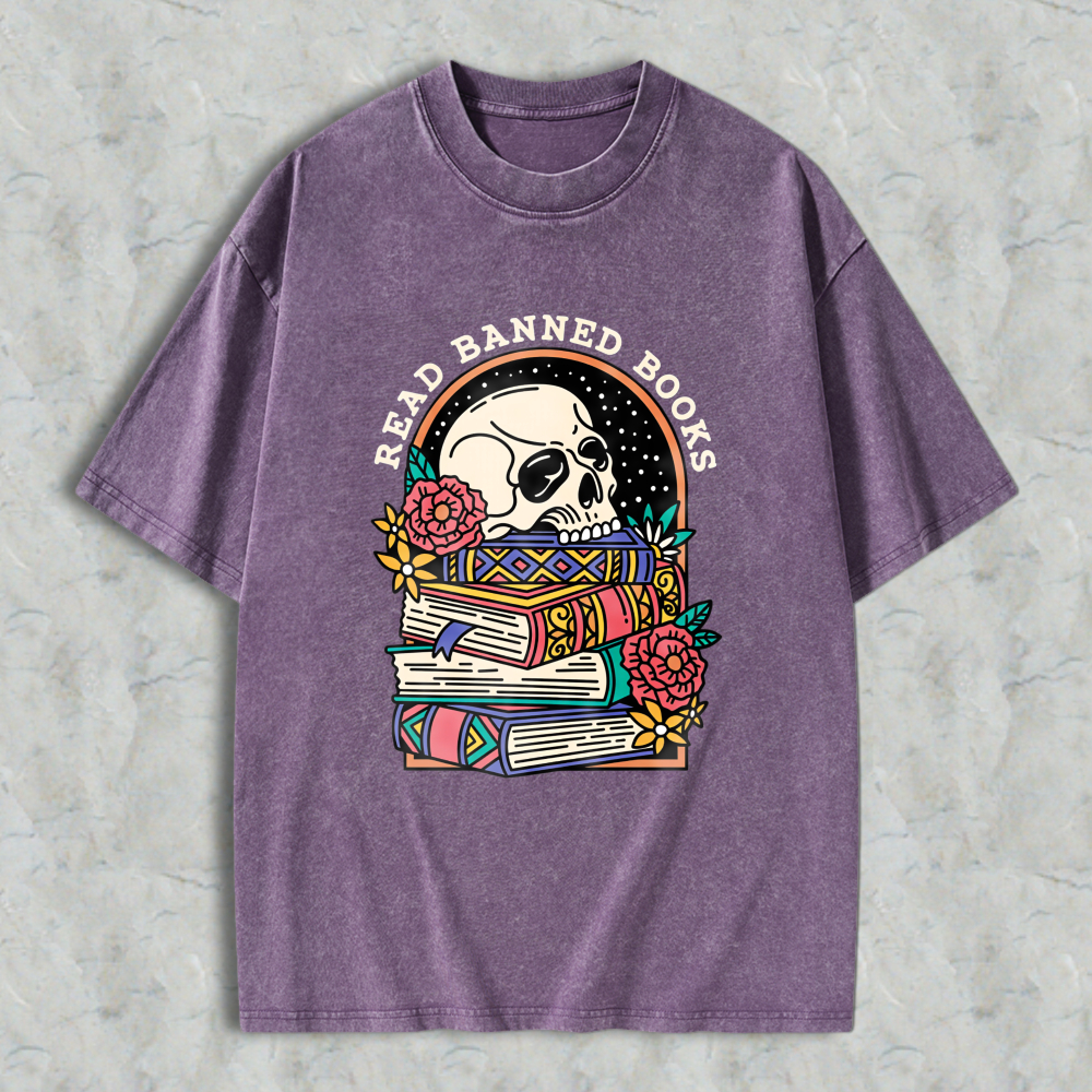 Wardrobecart Skull And Books With Flowers Read Banned Books Unisex Washed T-shirt
