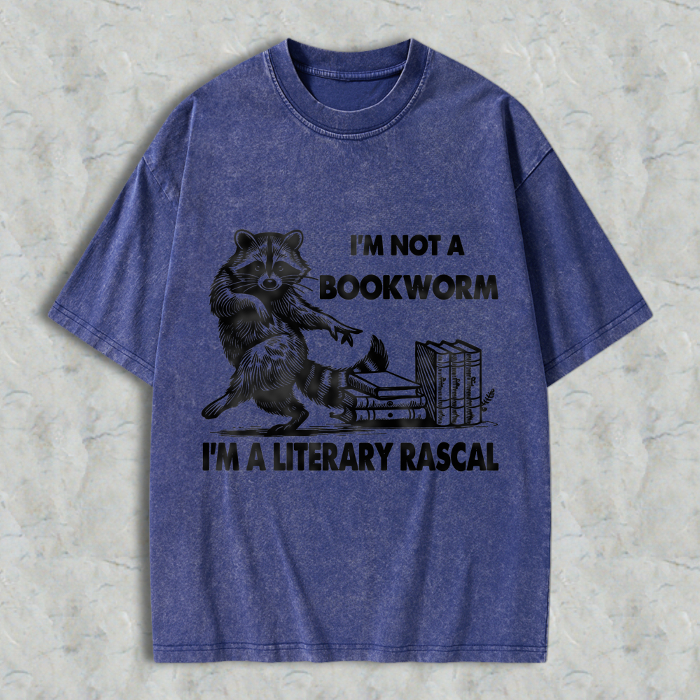Wardrobecart Raccoon Reading Books I'm Not A Bookworm I'm A Literary Rascal Unisex Washed T-shirt