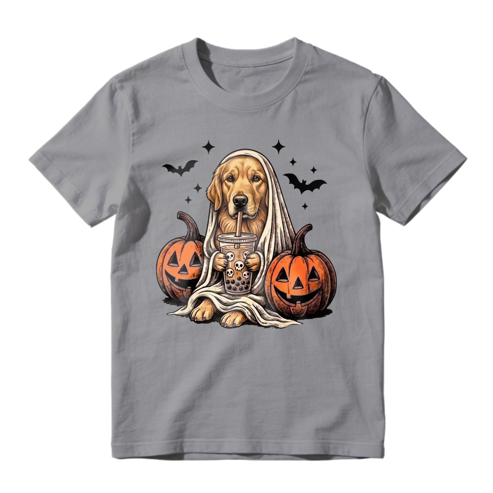 Golden Retriever Ghost Costume With Boba Tea And Pumpkins Halloween Design, Unisex Classic T-shirt
