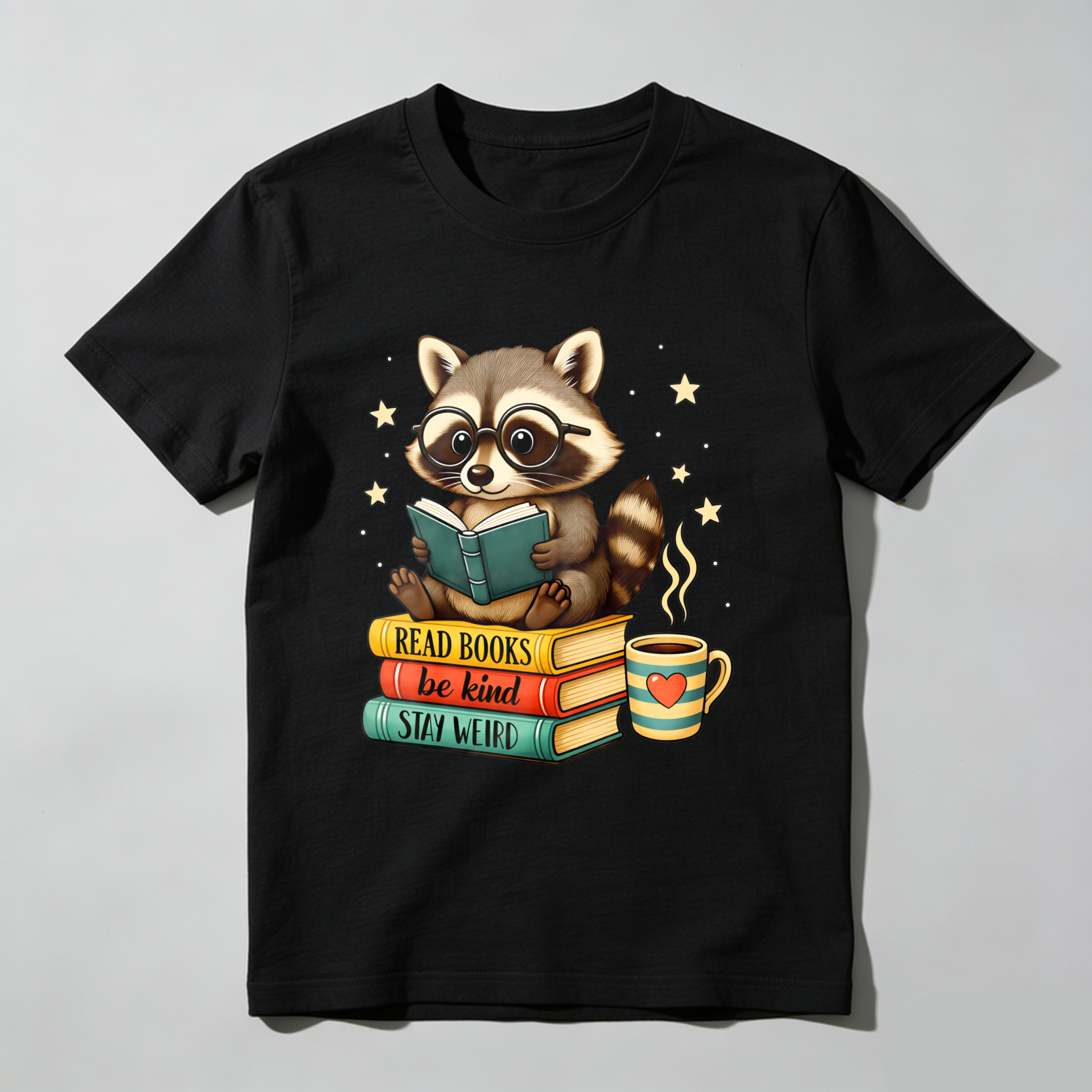 Wardrobecart Raccoon Reading Books With Coffee And Stars Tshirt