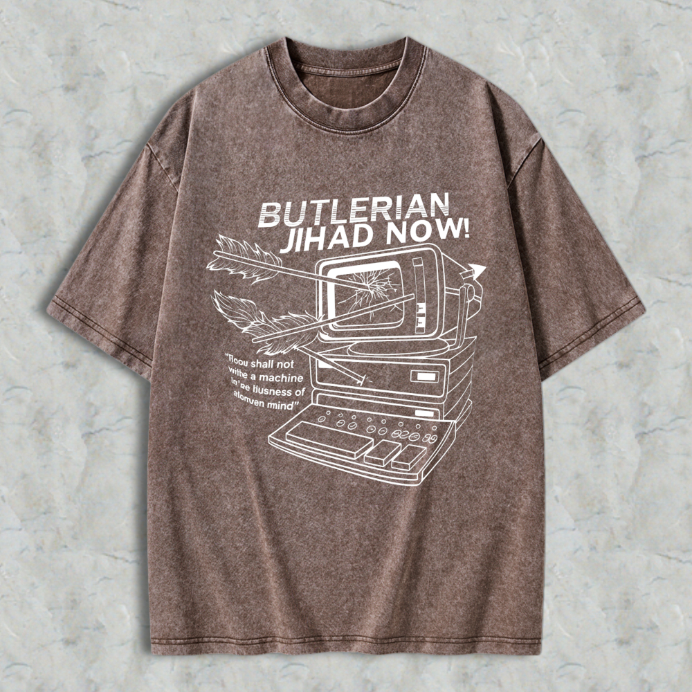 Wardrobecart Butlerian Jihad Now Computer With Arrow Through Screen And Quote Unisex Washed T-shirt
