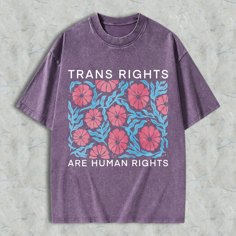 Wardrobecart Trans Rights Are Human Rights Floral Pattern Unisex Washed T-shirt