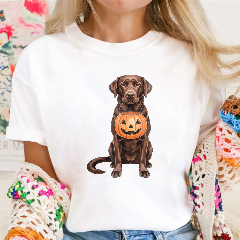 Chocolate Labrador Retriever Holding Halloween Pumpkin, Unisex Classic T-shirt
