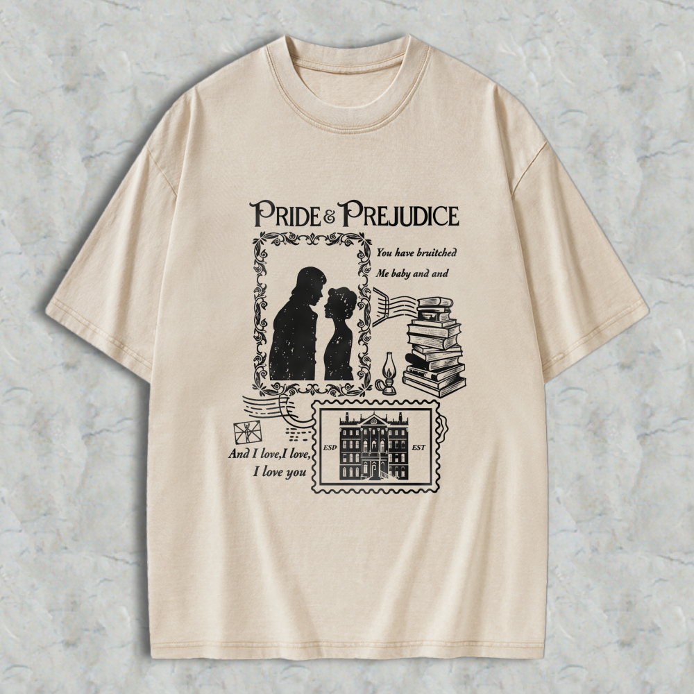 Wardrobecart Pride And Prejudice Quote With Couple Silhouette Books And Mansion Design Unisex Washed T-shirt