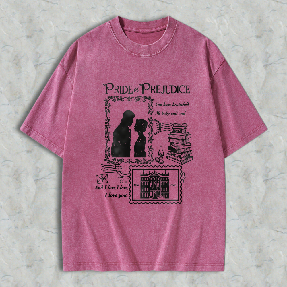 Wardrobecart Pride And Prejudice Quote With Couple Silhouette Books And Mansion Design Unisex Washed T-shirt