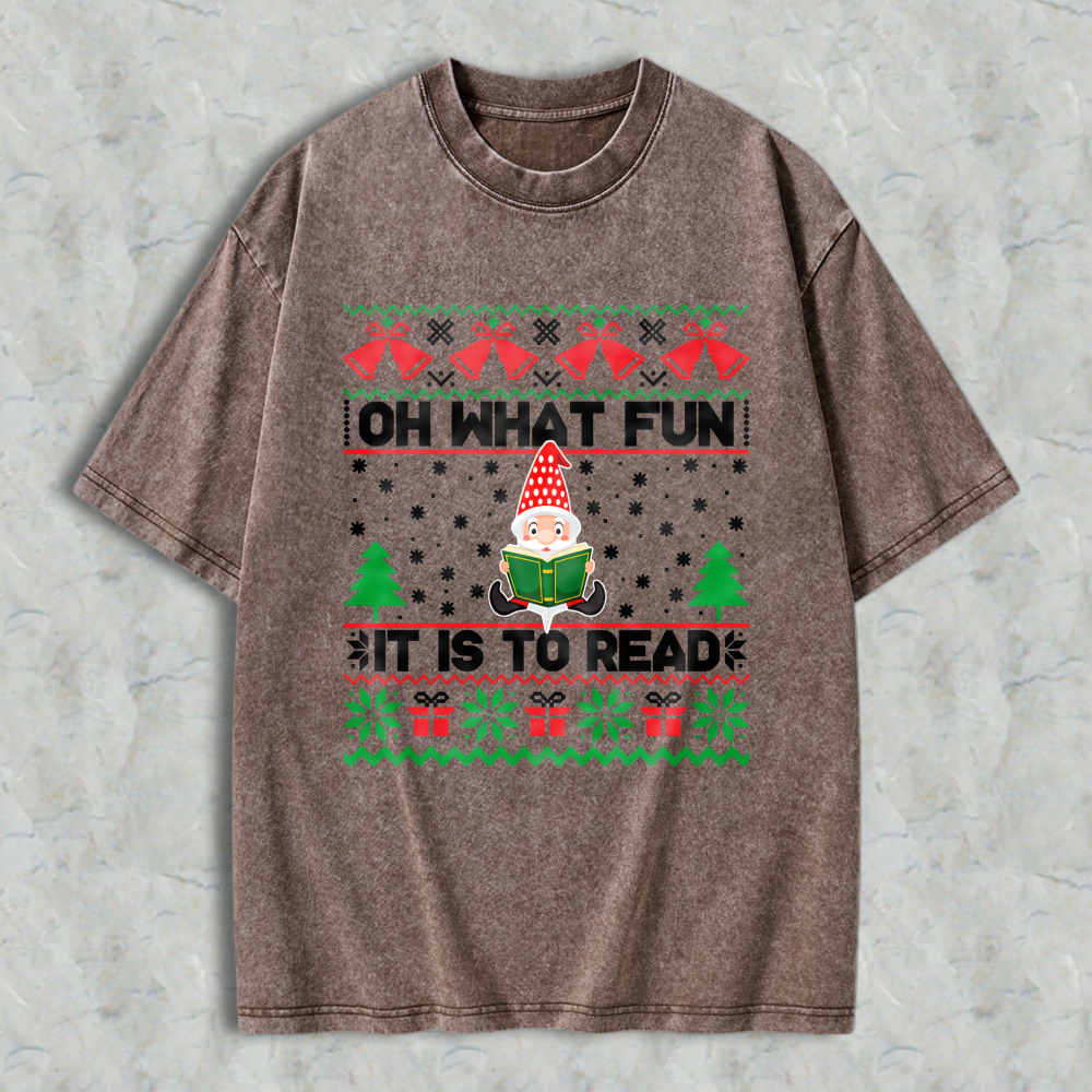Wardrobecart Christmas Elf Reading Book Pattern Unisex Washed T-shirt