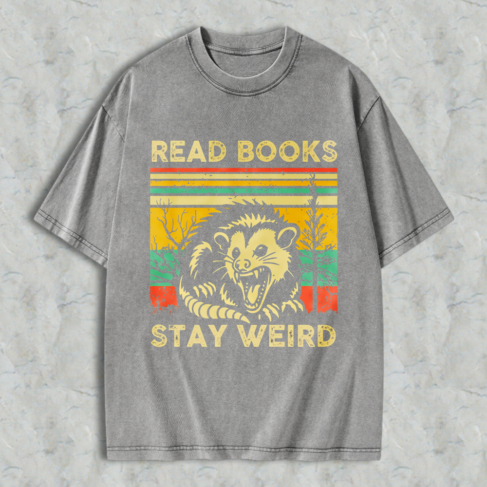 Wardrobecart Read Books Stay Weird Opossum Vintage Design Unisex Washed T-shirt