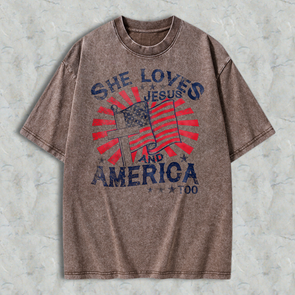 She Loves Jesus And America Too Flag Cross Design Washed T-shirt