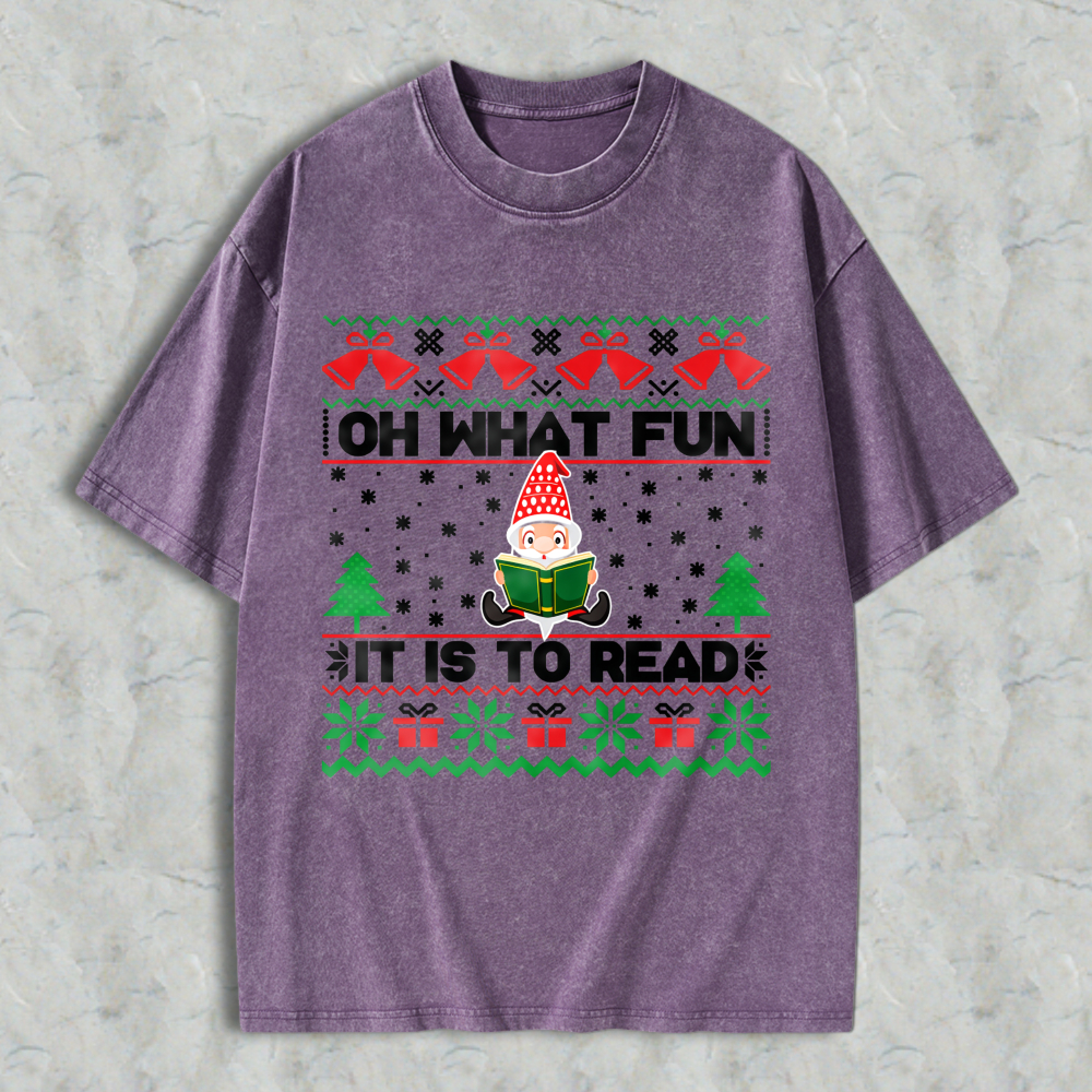 Wardrobecart Christmas Elf Reading Book With Trees And Gifts Pattern Unisex Washed T-shirt