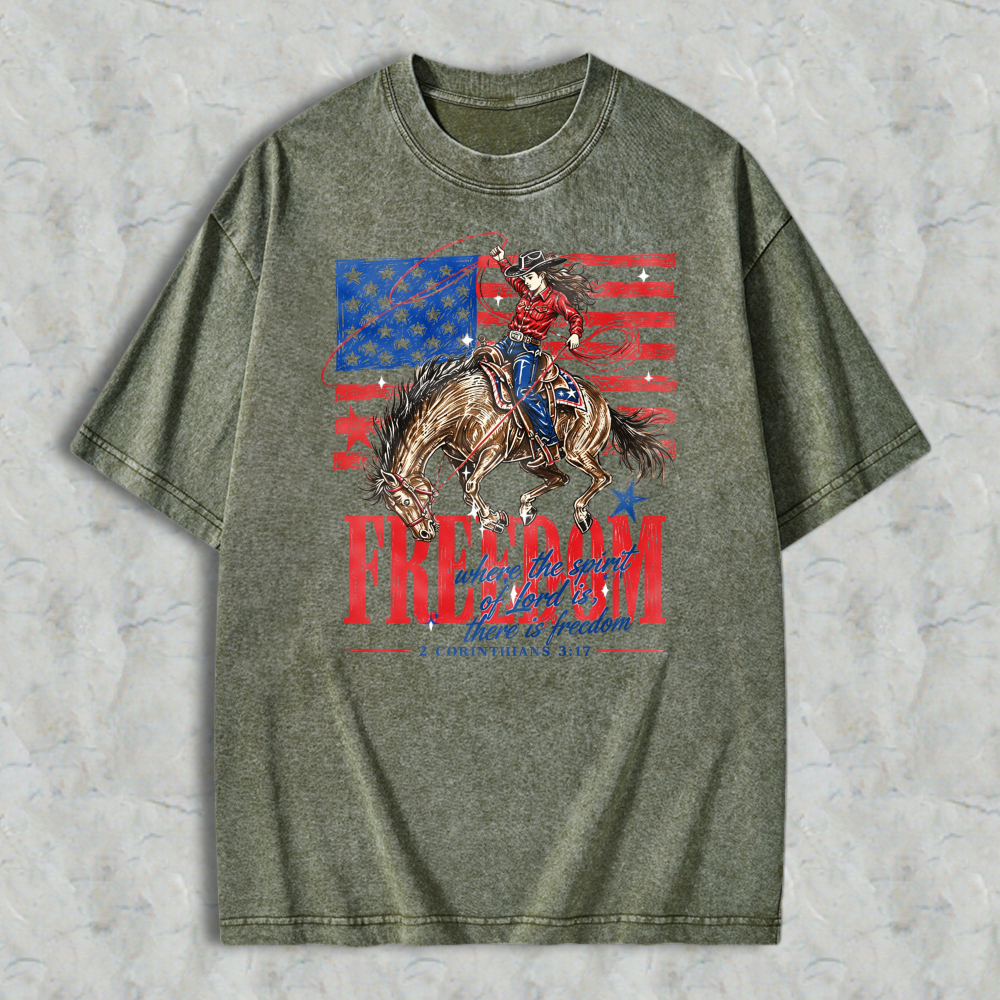American Flag Cowboy Riding Horse Freedom Washed T-shirt