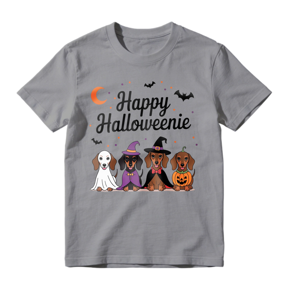 Happy Halloweenie Dachshund Dogs In Ghost Witch And Pumpkin Costumes, Unisex Classic T-shirt