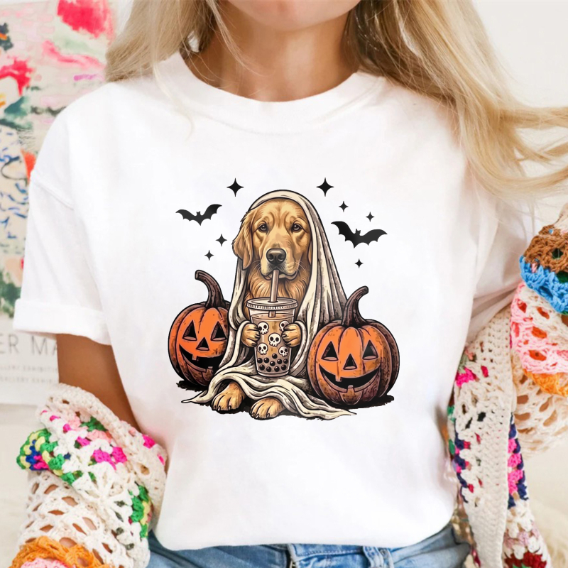 Golden Retriever Ghost Costume With Boba Tea And Pumpkins Halloween Design, Unisex Classic T-shirt