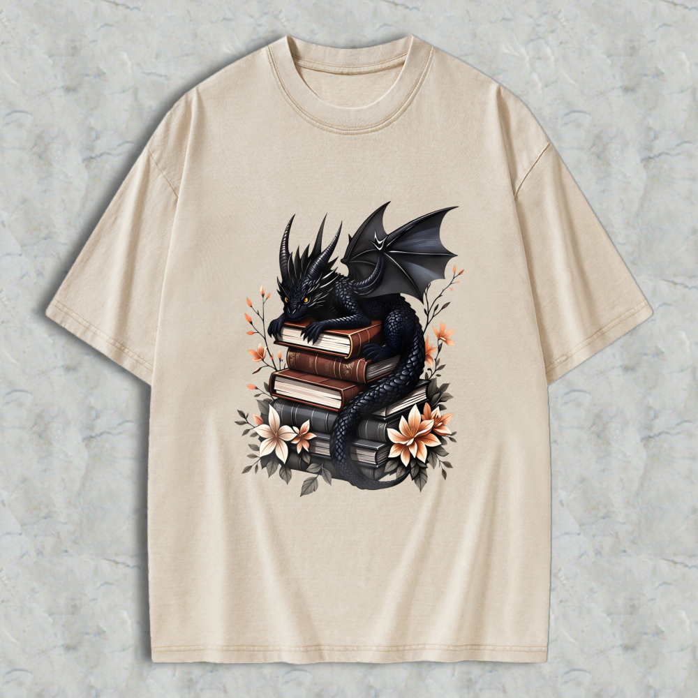 Wardrobecart Dragon With Books And Flowers Unisex Washed T-shirt
