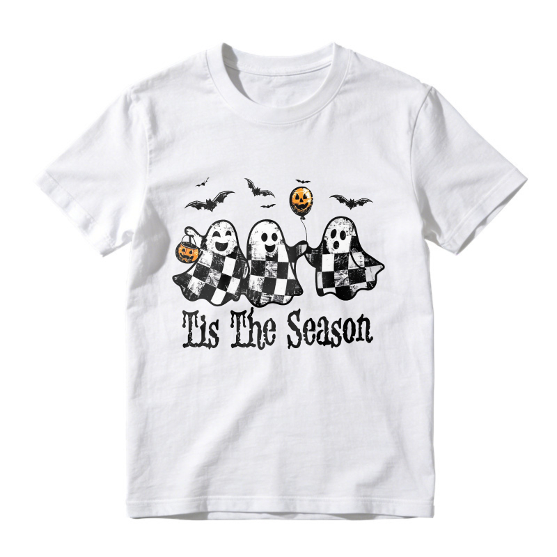 Halloween Ghosts With Checkered Pattern And Bats Tis The Season, Unisex Classic T-shirt