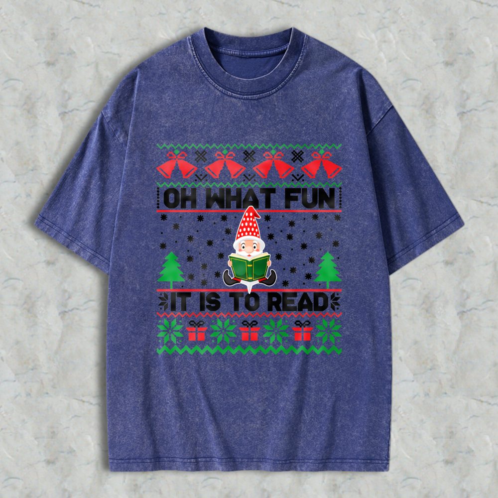 Wardrobecart Christmas Elf Reading Book Pattern Unisex Washed T-shirt