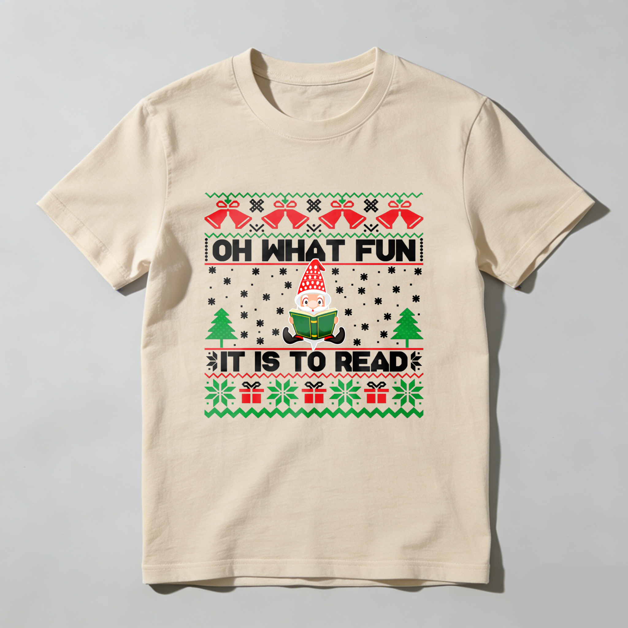 Wardrobecart Elf Reading Book Christmas Pattern Tshirt