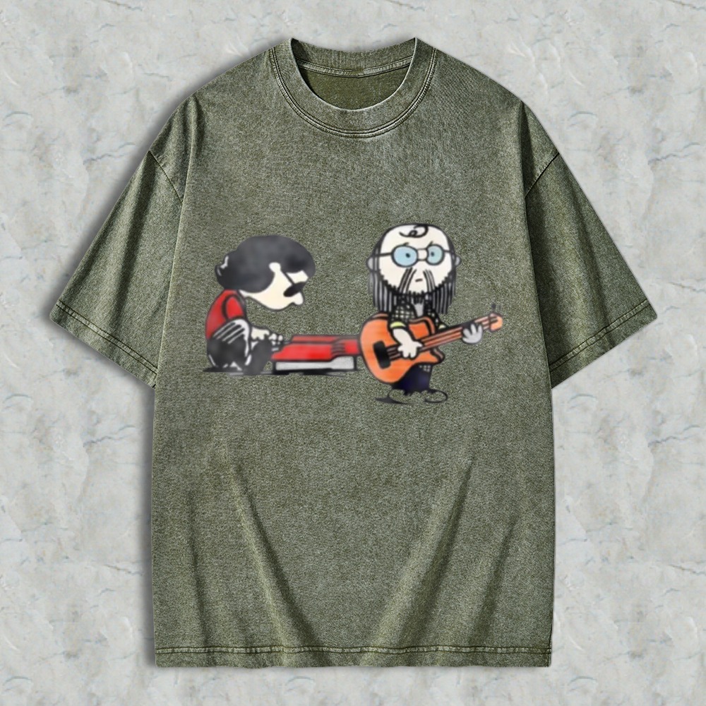 Cartoon Musicians Playing Guitar And Keyboard Graphic Washed T-shirt