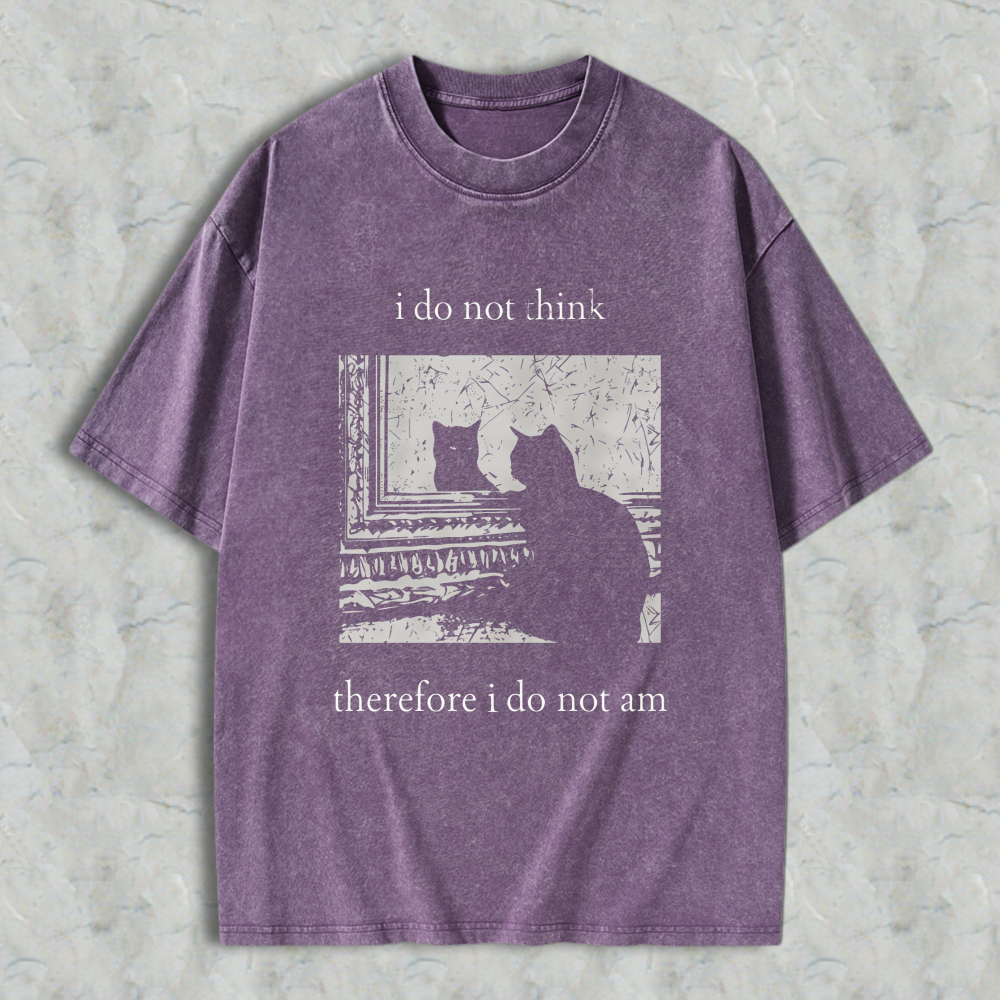 Wardrobecart Cat Silhouette Window Scene I Do Not Think Therefore I Do Not Am Unisex Washed T-shirt