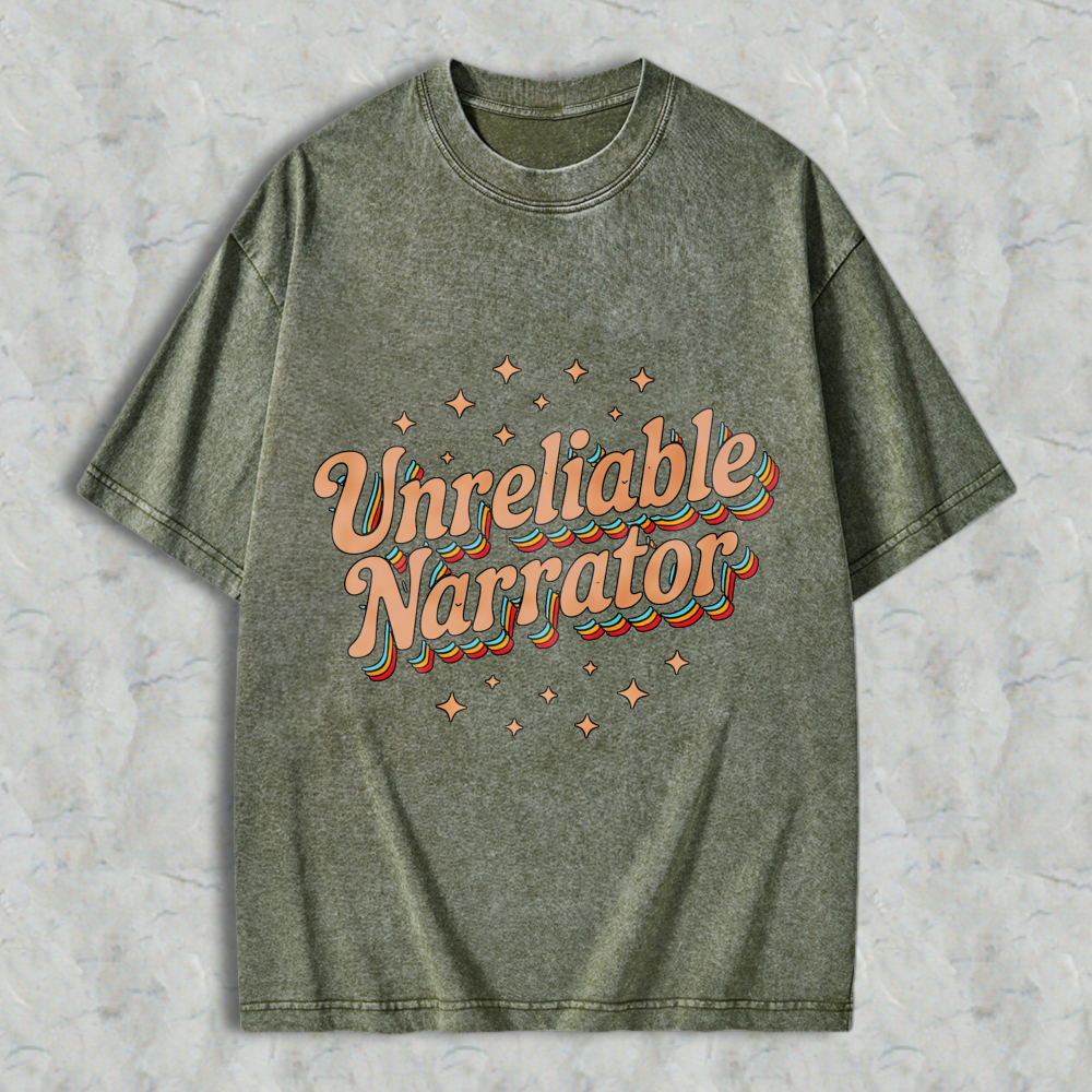Wardrobecart Unreliable Narrator Text With Star Accents Unisex Washed T-shirt