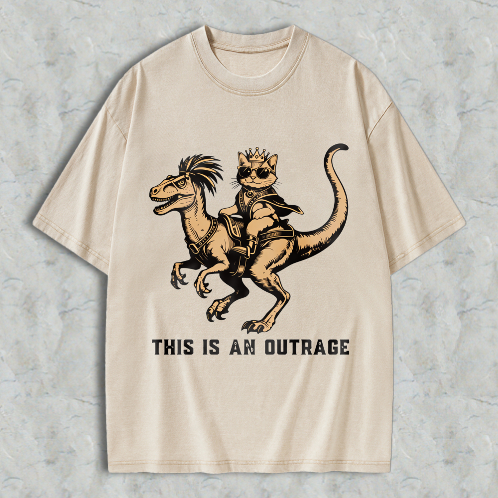 Wardrobecart Cat Riding Dinosaur With Crown And Sunglasses Unisex Washed T-shirt
