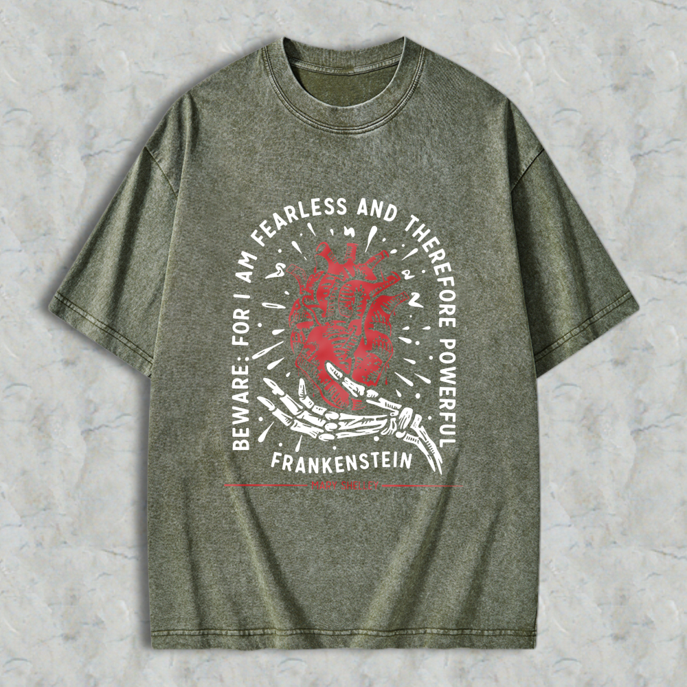 Wardrobecart Frankenstein Heart And Skeleton Hand Design With Quote From Mary Shelley Unisex Washed T-shirt