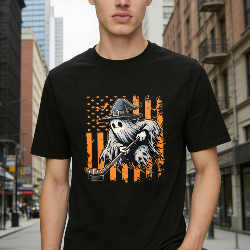 Halloween Ghost Witch Holding Broom American Flag Unisex Classic T-shirt