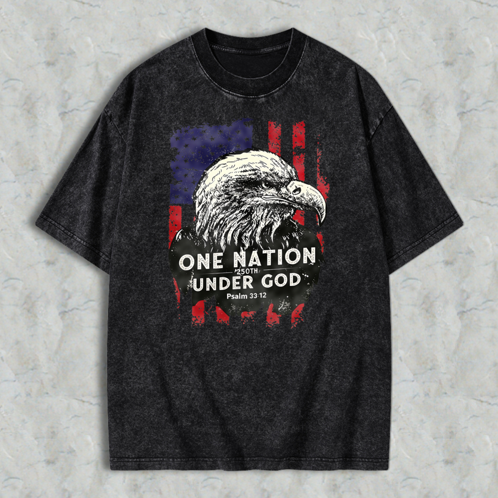 Eagle And American Flag With One Nation Under God Text Washed T-shirt