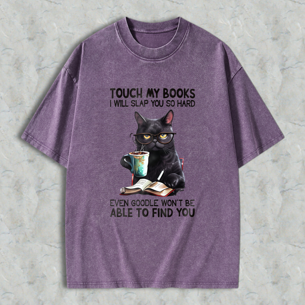 Wardrobecart Black Cat With Glasses Reading Book And Coffee Cup Unisex Washed T-shirt