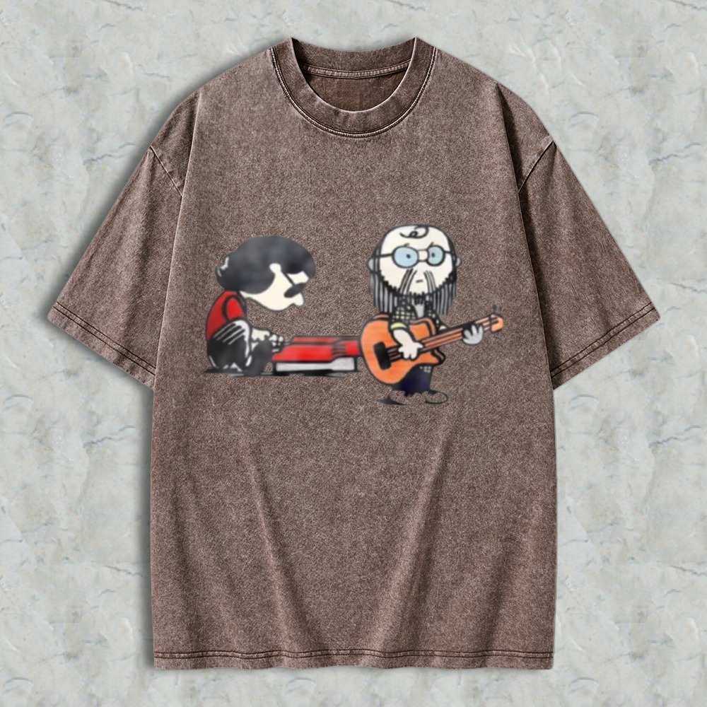 Cartoon Musicians Playing Guitar And Keyboard Graphic Washed T-shirt