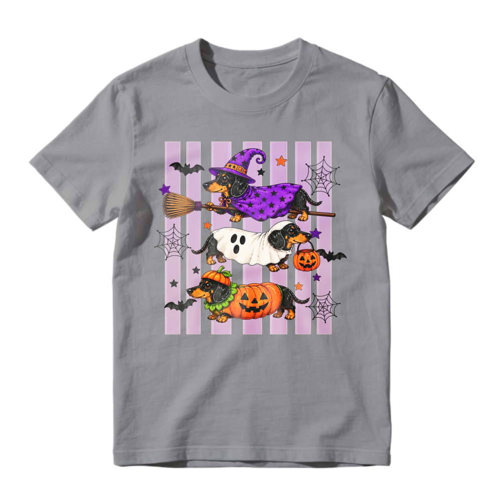 Halloween Dachshund Witch Ghost Pumpkin Dog Striped Background, Unisex Classic T-shirt