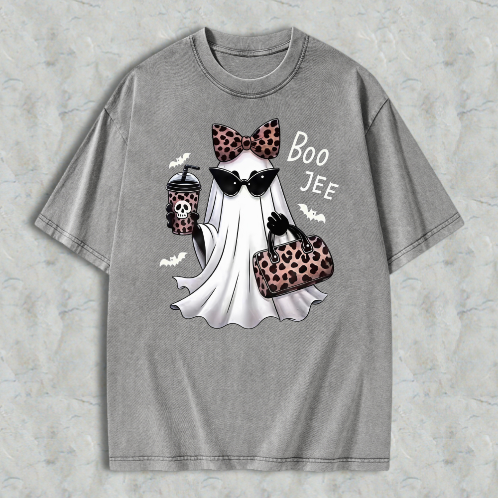 Leopard Print Ghost With Sunglasses And Boo Jee Text Washed T-shirt