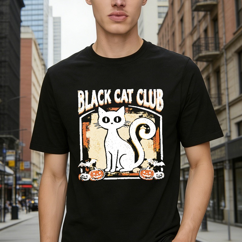 Black Cat Club Halloween White Cat And Pumpkins Graphic, Unisex Classic T-shirt